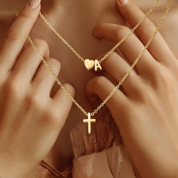 Layered Initial Necklaces for Women,Dainty 18K Real Gold Plated Heart Initial Ne - Picture 5 of 6